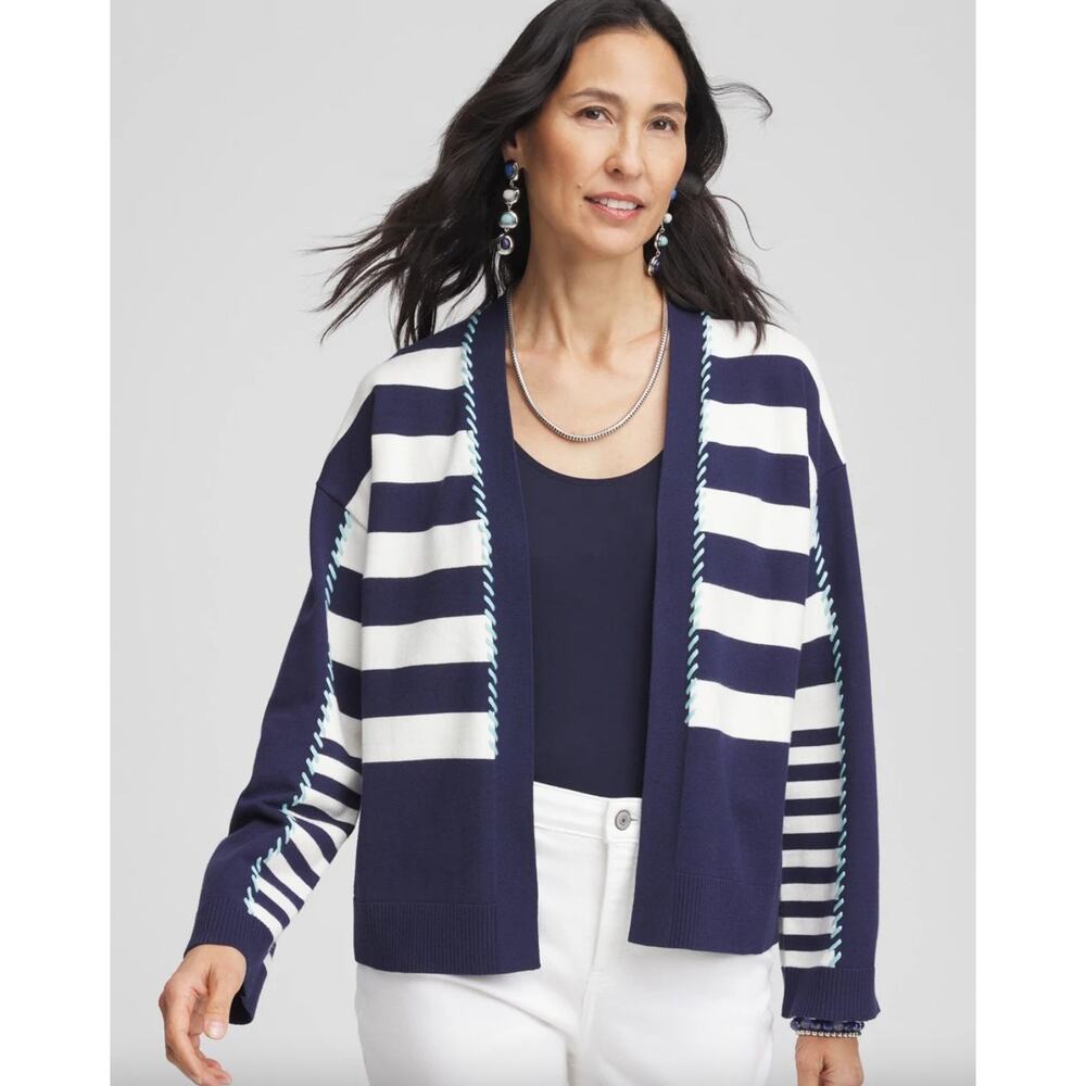 Chico's Striped Cardigan‎ Sweater M Nautical Coastal Grandma Open Front
